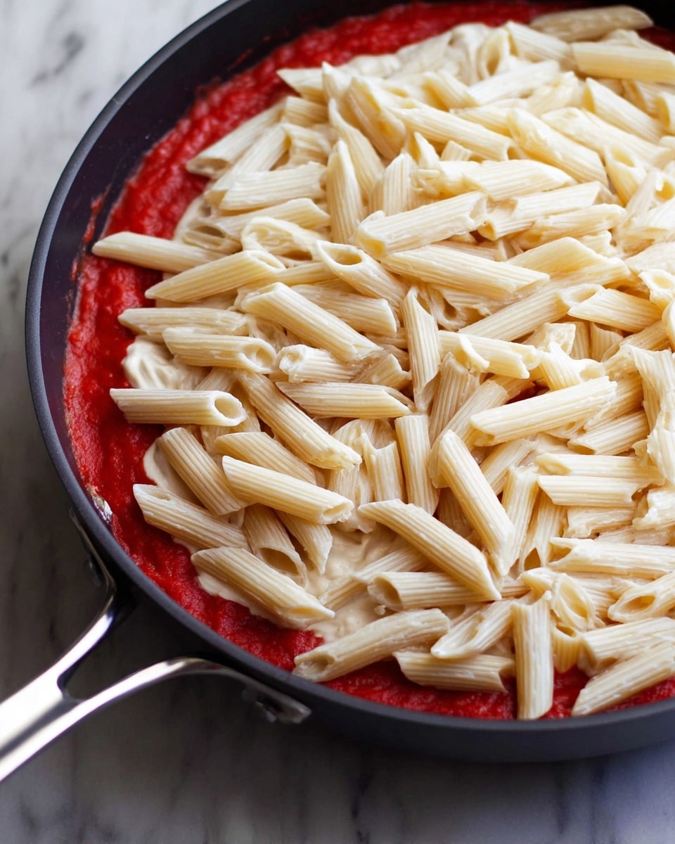 A black pan is shown filled with three layers of food. The bottom layer is bright red sauce, smooth in texture, covering the base of the pan. Above the sauce is a white or beige creamy layer that looks soft and thick. The top layer is dry penne pasta, cream-colored with light ridges, arranged in a slightly scattered pile covering the creamy layer. The pan is on a white marbled surface, and part of the pan's silver handle is visible in the lower left corner. photo taken with an iphone --ar 4:5 --v 7