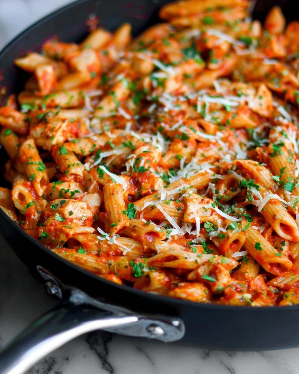 The image shows a close-up of a black skillet filled with penne pasta mixed with red tomato sauce and small pieces of cooked white chicken. The pasta is coated evenly in the sauce, giving a warm orange-red color throughout. There are finely chopped green herbs sprinkled on top, along with small shreds of white cheese scattered across the dish. The skillet handle is visible at the bottom, with a soft focus white marbled surface background. The textures show the pasta’s ridges, the chunky sauce, and the tender chicken pieces clearly. photo taken with an iphone --ar 4:5 --v 7