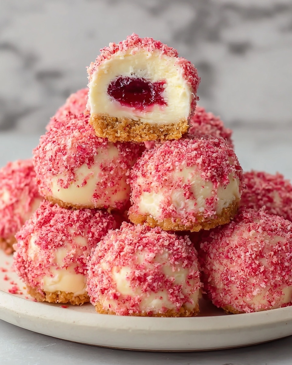 The image shows several small round cheesecake balls stacked on a white plate, each covered in a layer of pink and red crumbly coating. The cheesecake balls have three visible layers: a bottom layer of light brown crumbly crust, a thick middle layer of smooth white cheesecake filling, and a center of bright red jelly or fruit filling. The crumb coating is coarse and evenly spread, giving the balls a textured look. The plate sits on a white marbled surface, and the overall appearance is colorful and inviting. photo taken with an iphone --ar 4:5 --v 7