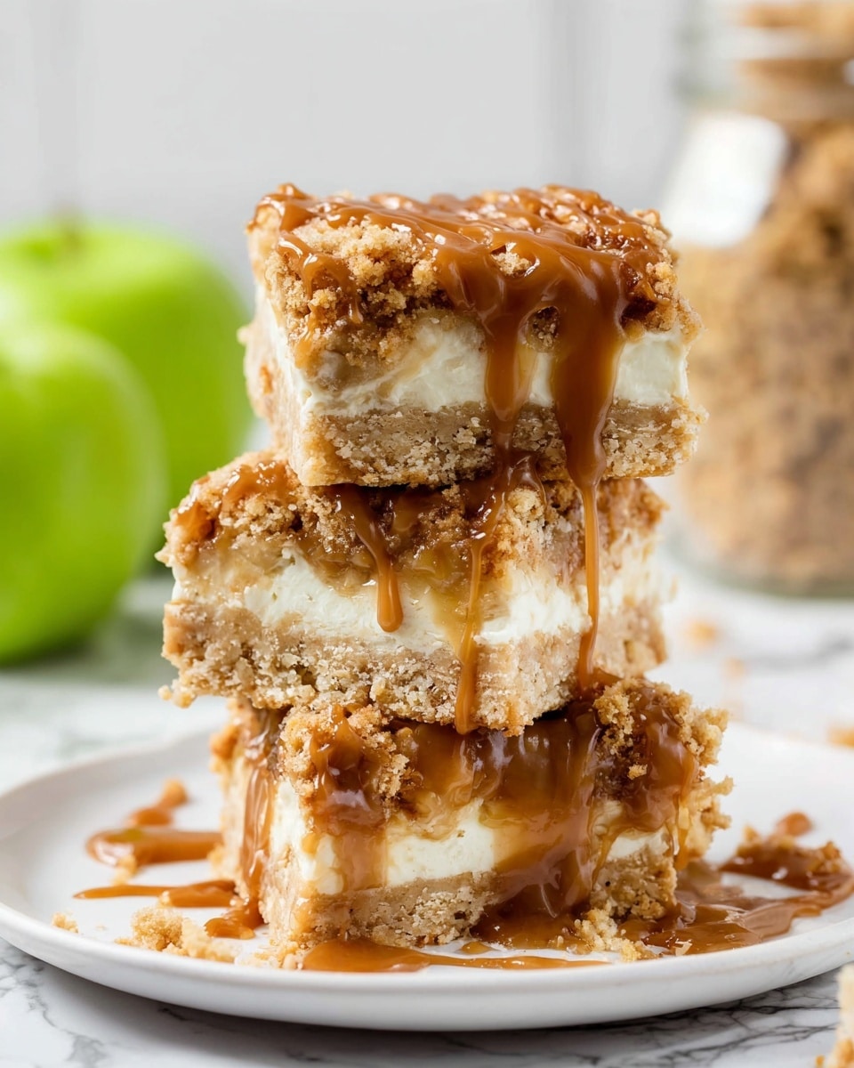 The image shows three stacked dessert bars on a white plate set against a white marbled surface. Each bar has three visible layers: a light golden crumbly base, a thick creamy white middle, and a darker crumbly top with a rough texture. A thick caramel sauce is drizzled generously over the bars, dripping down the sides and pooling slightly on the plate. The background includes a blurred green apple, a glass jar filled with crumbs, and a light-colored element, all adding a soft contrast to the focused dessert bars. Photo taken with an iphone --ar 4:5 --v 7