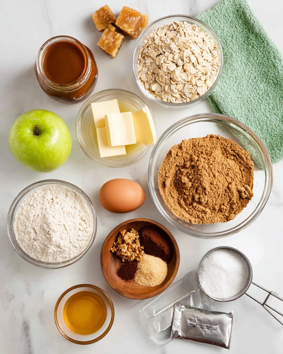 The image shows several clear glass bowls and a small wooden bowl arranged on a white marbled surface, each holding different baking ingredients. One large bowl holds four separate layers of ingredients: light brown flour on the bottom left, light brown rolled oats on the right, and a pile of darker brown sugar on top of the flour. A small bowl to the side has a mix of brown sugars and crumbled nuts, while another small bowl contains different brown and orange spices arranged in small piles. Nearby, a single brown egg sits in a small wooden bowl. To the top left, there is a jar filled with caramel-colored thick sauce next to wrapped caramel pieces. A bright green apple is placed near the center. Additionally, a small bowl filled with melted butter and another with vanilla extract are present, along with a metal measuring cup filled with white sugar and an open silver foil package with white cream cheese inside. A green cloth napkin is seen in the top right corner. The photo taken with an iphone --ar 4:5 --v 7
