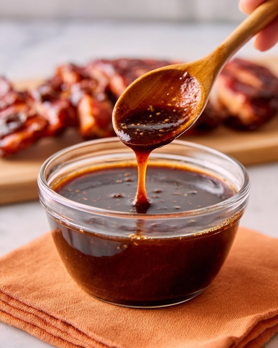 A clear glass bowl filled with thick, dark brown sauce that has a shiny texture. A woman's hand holds a wooden spoon above the bowl, with the sauce slowly dripping off the spoon back into the bowl. The bowl sits on a soft orange cloth on a white marbled surface. In the background, there are parts of glazed cooked meat with a shiny, reddish-brown color. photo taken with an iphone --ar 4:5 --v 7