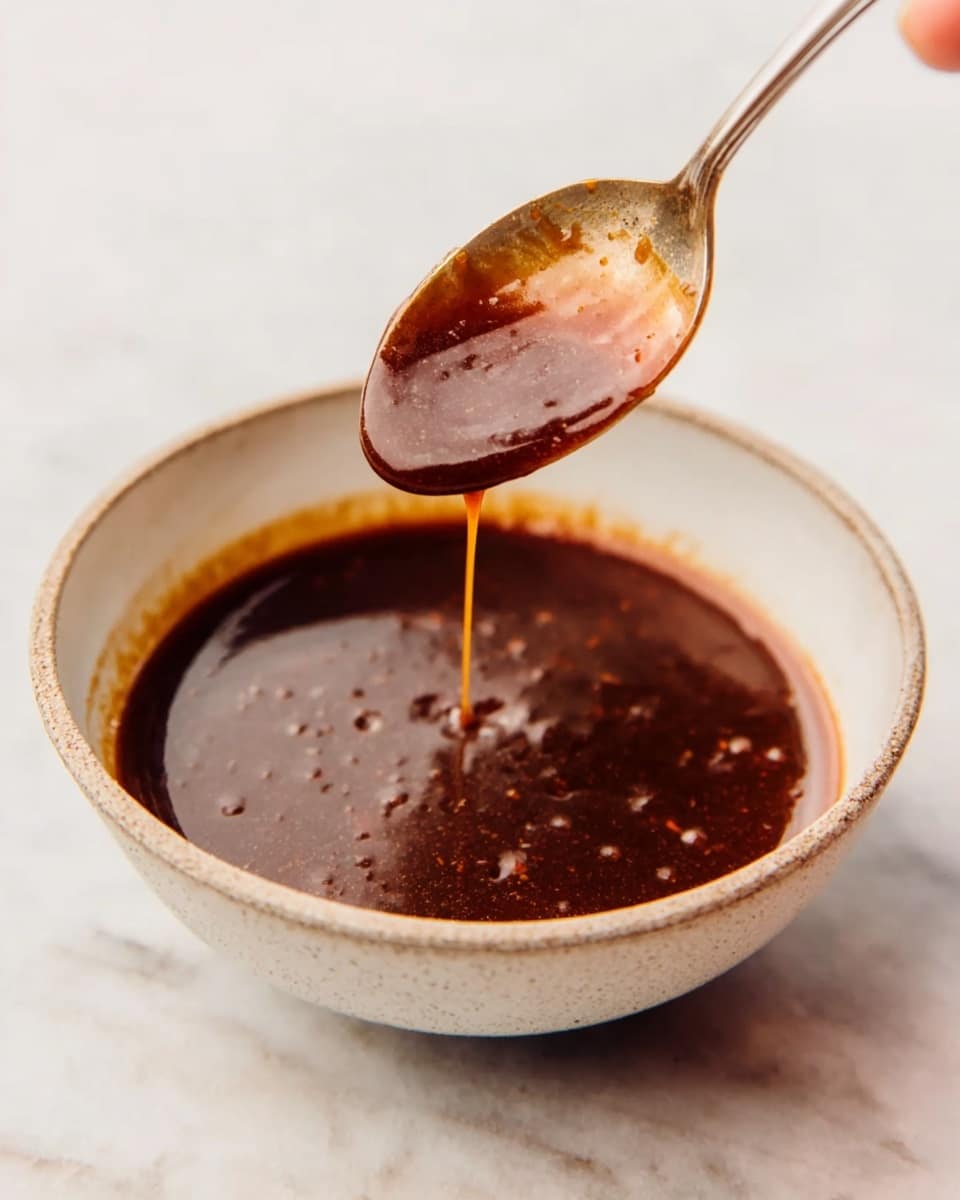 A small white bowl filled with thick, dark brown sauce with a smooth and shiny texture. A spoon is held above the bowl by a woman's hand, dripping the sauce back into the bowl; some bits of the sauce cling to the spoon. The bowl is placed on a white marbled surface. The light reflects softly off the sauce, showing its rich, glossy surface. photo taken with an iphone --ar 4:5 --v 7