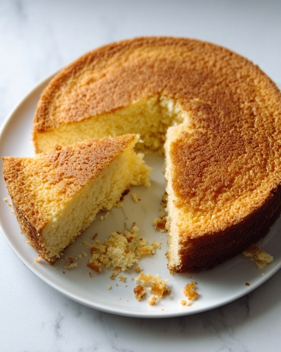 The image shows a round, thick cake with a golden brown crust on the outside and a soft, light yellow inside. One slice is missing, showing the fluffy texture of the cake. Crumbs are scattered around the edges on a white plate. The cake sits on a white marbled surface. The photo taken with an iphone --ar 4:5 --v 7