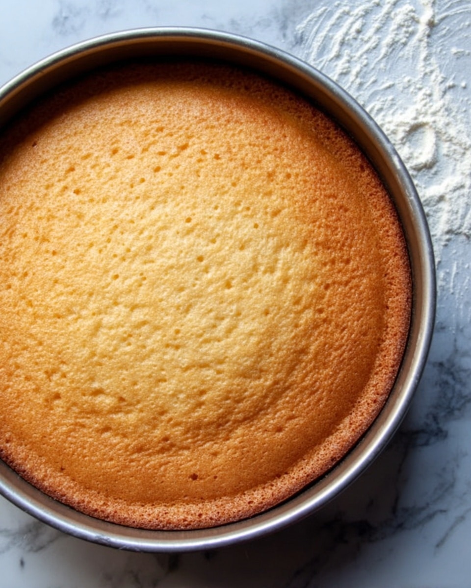 A round, golden brown baked cake sits fully in a metal pan. The surface of the cake is smooth with small bumps and a slightly uneven texture. The edges of the cake are a bit darker, showing it is well baked. The background features a white marbled texture with some paper underneath the pan, giving a clean and simple look. photo taken with an iphone --ar 4:5 --v 7