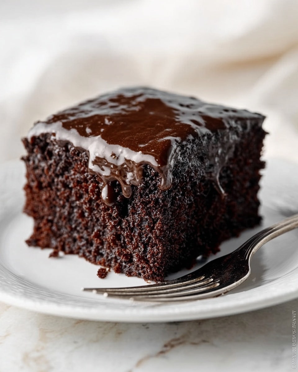A single piece of dark chocolate cake sits on a white plate, showing its moist, soft, and crumbly texture with tiny holes inside. The top is covered with a shiny layer of smooth, glossy chocolate glaze that slightly drips down the sides. The cake piece is square shaped and thick, with rich dark brown colors from the cake and darker brown from the glaze. Next to the cake on the plate is a silver fork with four tines. The setting has a soft white marbled surface in the background, blurry and light. Photo taken with an iphone --ar 4:5 --v 7