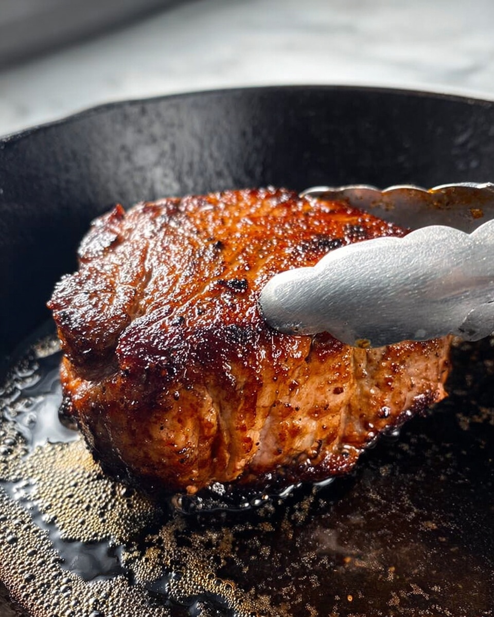 A close-up of a thick round piece of cooked meat with a dark brown, slightly charred crust on the outside, showing a mix of crispy and textured surfaces, being held with silver metal tongs inside a black cast iron pan with small oil bubbles around the meat, all set on a white marbled surface. photo taken with an iphone --ar 4:5 --v 7
