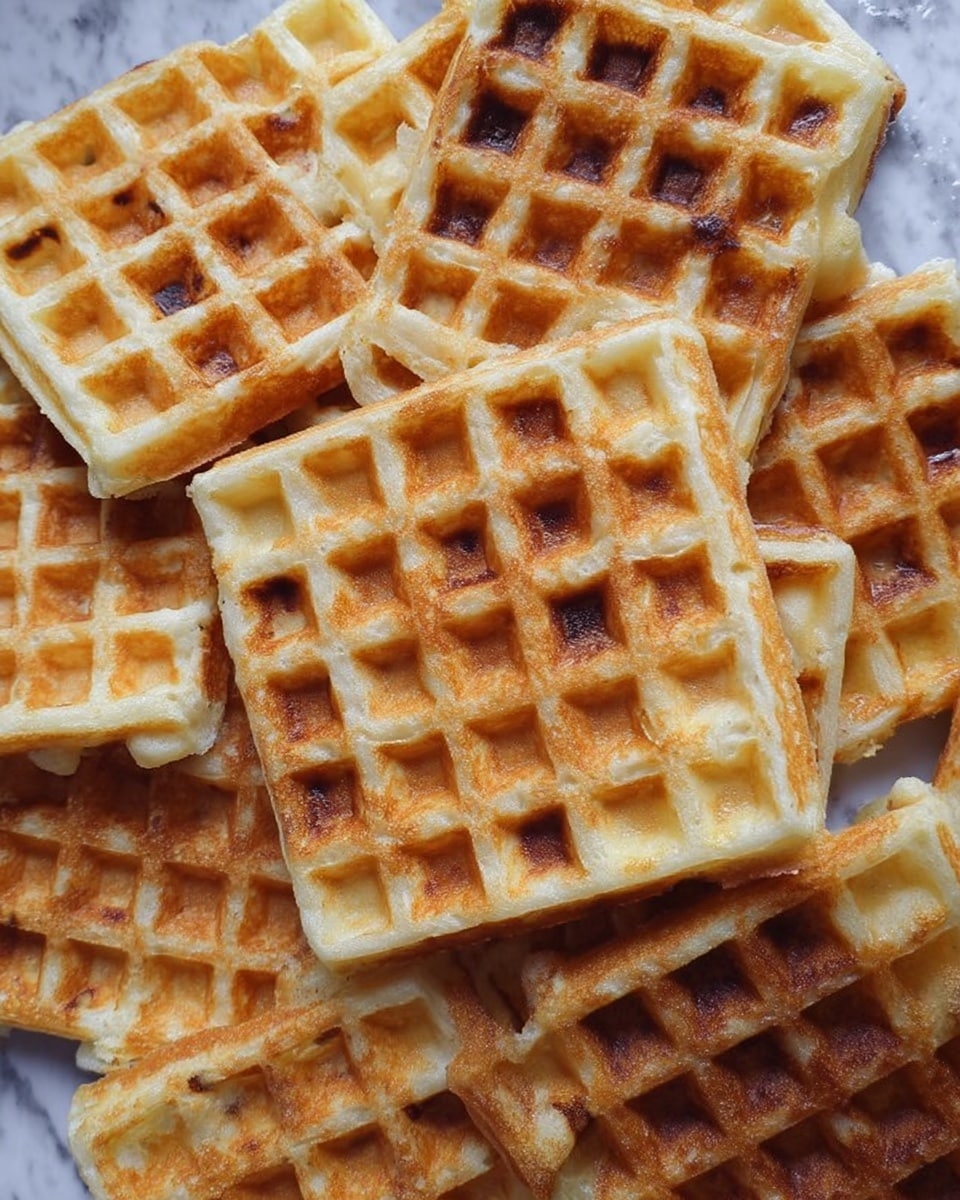 The image shows two golden brown waffles stacked on top of each other on a white marbled surface. The top waffle has a crispy texture with visible small square pockets and some dark spots inside the holes, while the bottom waffle is slightly darker and thicker with a soft texture. The edges of the waffles are uneven, showing a homemade look, and the close-up view highlights the airy inside of the waffles. photo taken with an iphone --ar 4:5 --v 7