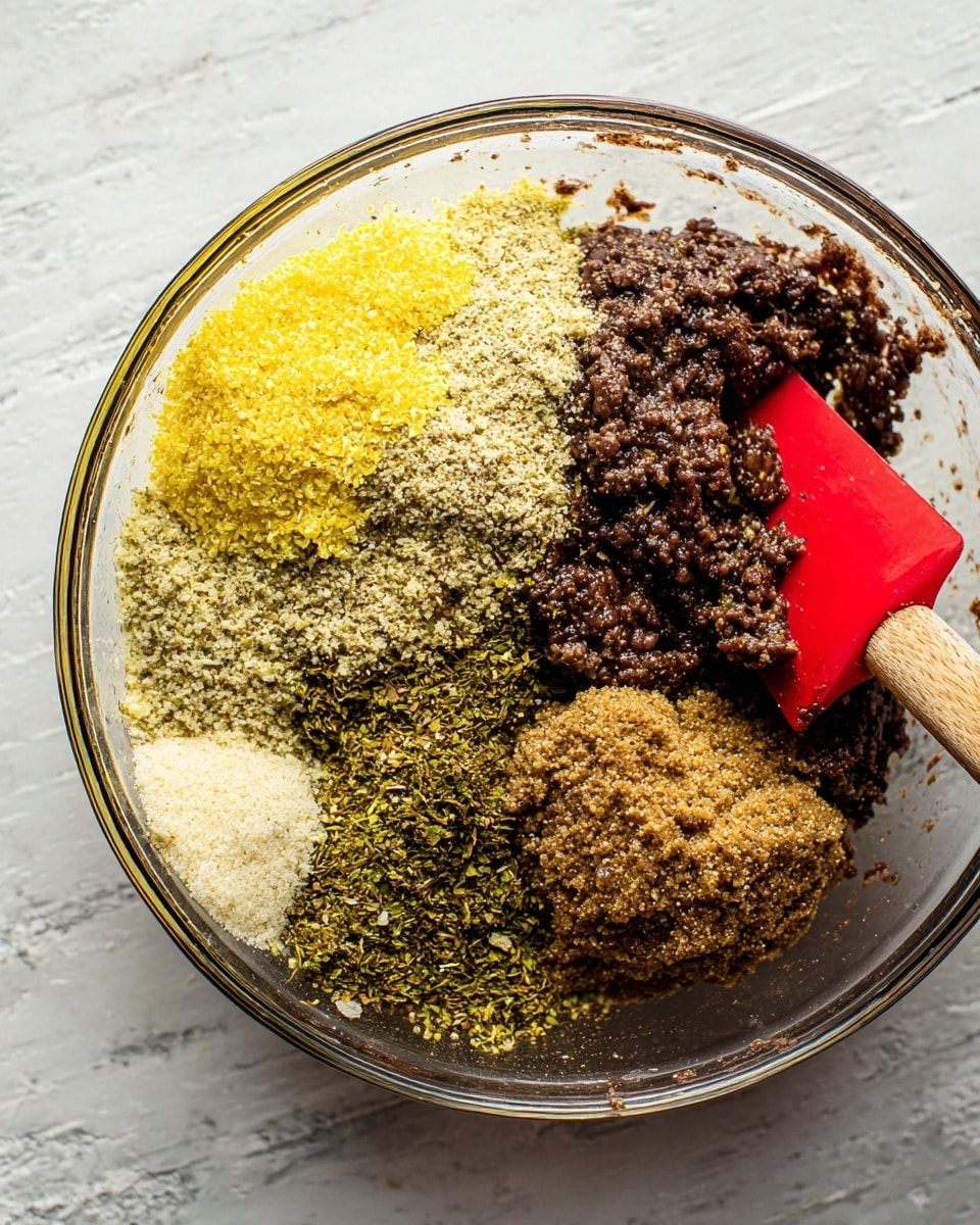 A clear glass bowl is filled with different layers of ingredients. The bottom layer is dark brown mashed beans with a soft and slightly chunky texture. Above and around it are dry layers: bright yellow flakes on the left, fine light yellow powder on top, beige chopped pieces near the center, green dried herbs on the right, and a thick brown grainy dollop at the bottom right. A red silicone spatula with a wooden handle is partly buried in the mixture on the right side. The bowl rests on a white marbled surface. photo taken with an iphone --ar 4:5 --v 7