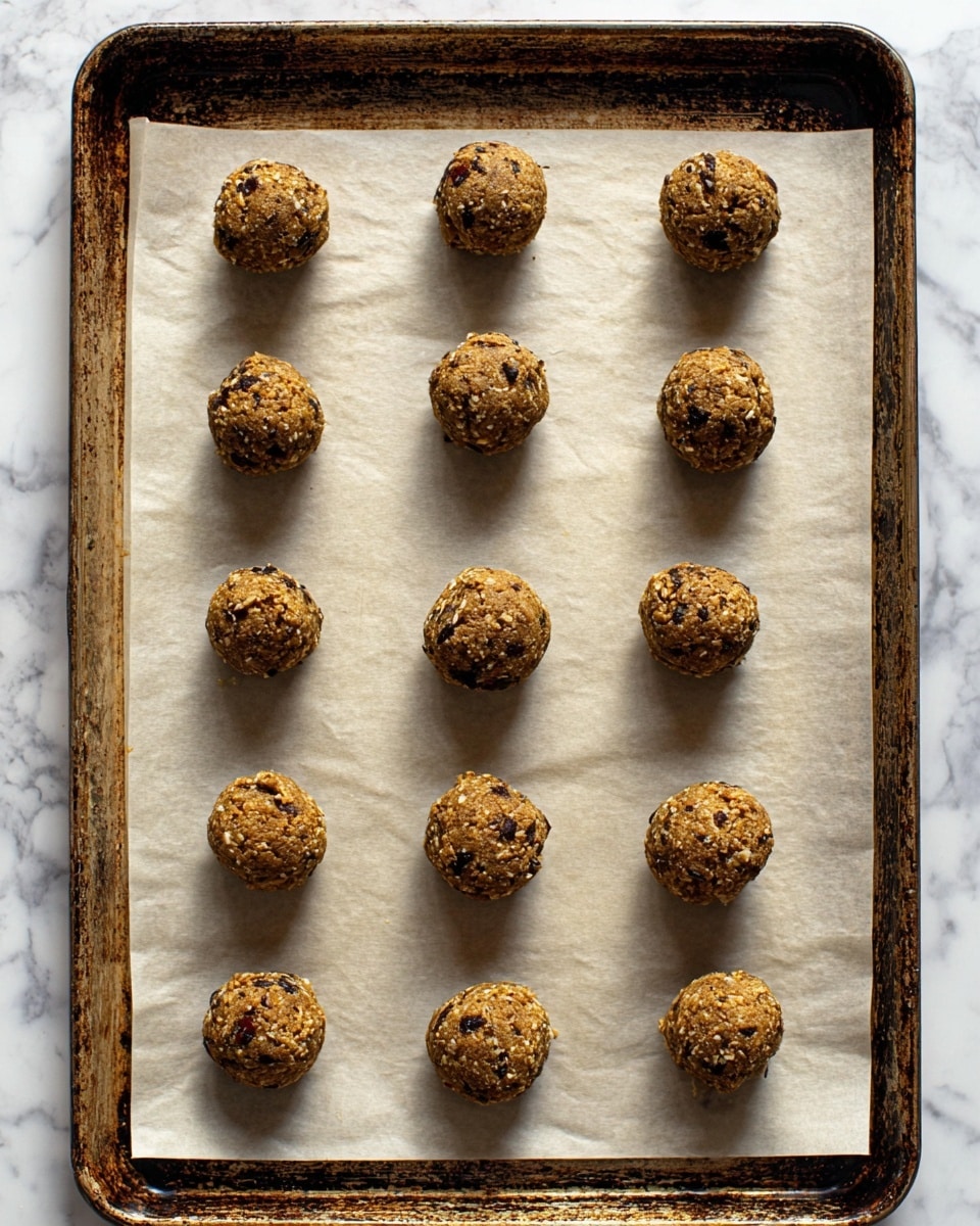 The image shows a baking tray with a sheet of parchment paper on top. There are 15 round dough balls evenly spaced in a 3 by 5 grid. Each dough ball is brownish with a rough texture, showing small bits of darker and lighter ingredients mixed inside. The baking tray has an old, worn look with darkened edges, while the parchment paper beneath the dough balls is light beige with slight wrinkles. The background is a white marbled surface. photo taken with an iphone --ar 4:5 --v 7