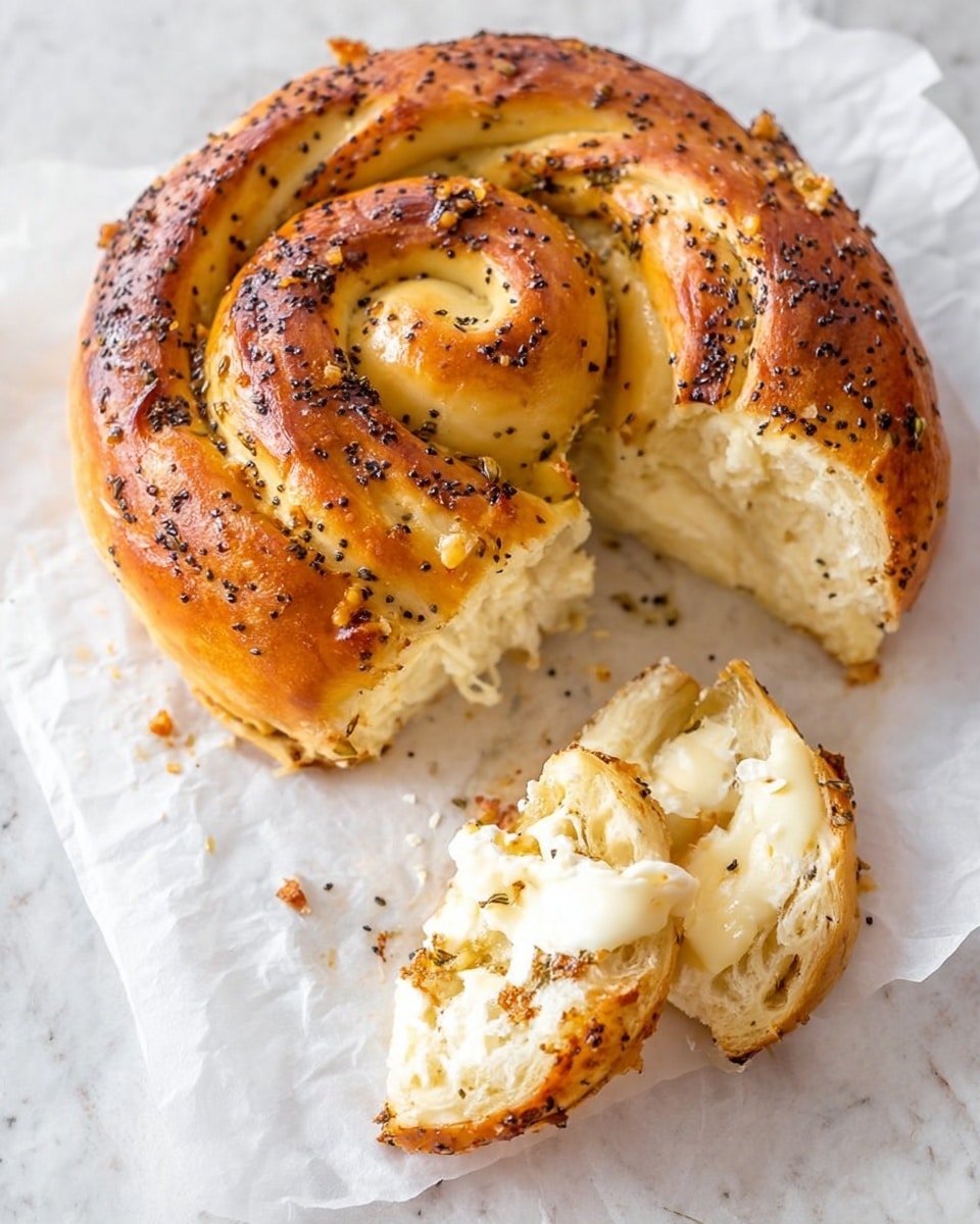 The image shows a round, spiral-shaped baked bread with a golden-brown crust sprinkled with black seeds and bits of seasoning. The bread has been torn open, revealing soft, fluffy, and creamy white layers inside, with some melted cheese visible between the layers. Two pieces of the torn bread sit in front of the main spiral on white parchment paper, highlighting the soft texture inside. The background is a white marbled surface. photo taken with an iphone --ar 4:5 --v 7