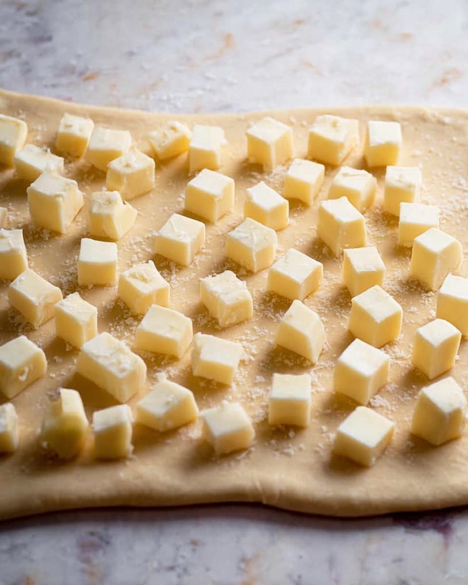 The image shows a large, flat sheet of light brown dough with many small, evenly spaced cubes of pale yellow cheese scattered on top. The dough sheet is placed on a surface with a white marbled texture. The cheese cubes have smooth edges and are arranged in loose rows but with some gaps in between, covering most of the dough area. The background is soft and out of focus, highlighting the dough and cheese clearly. Photo taken with an iphone --ar 4:5 --v 7