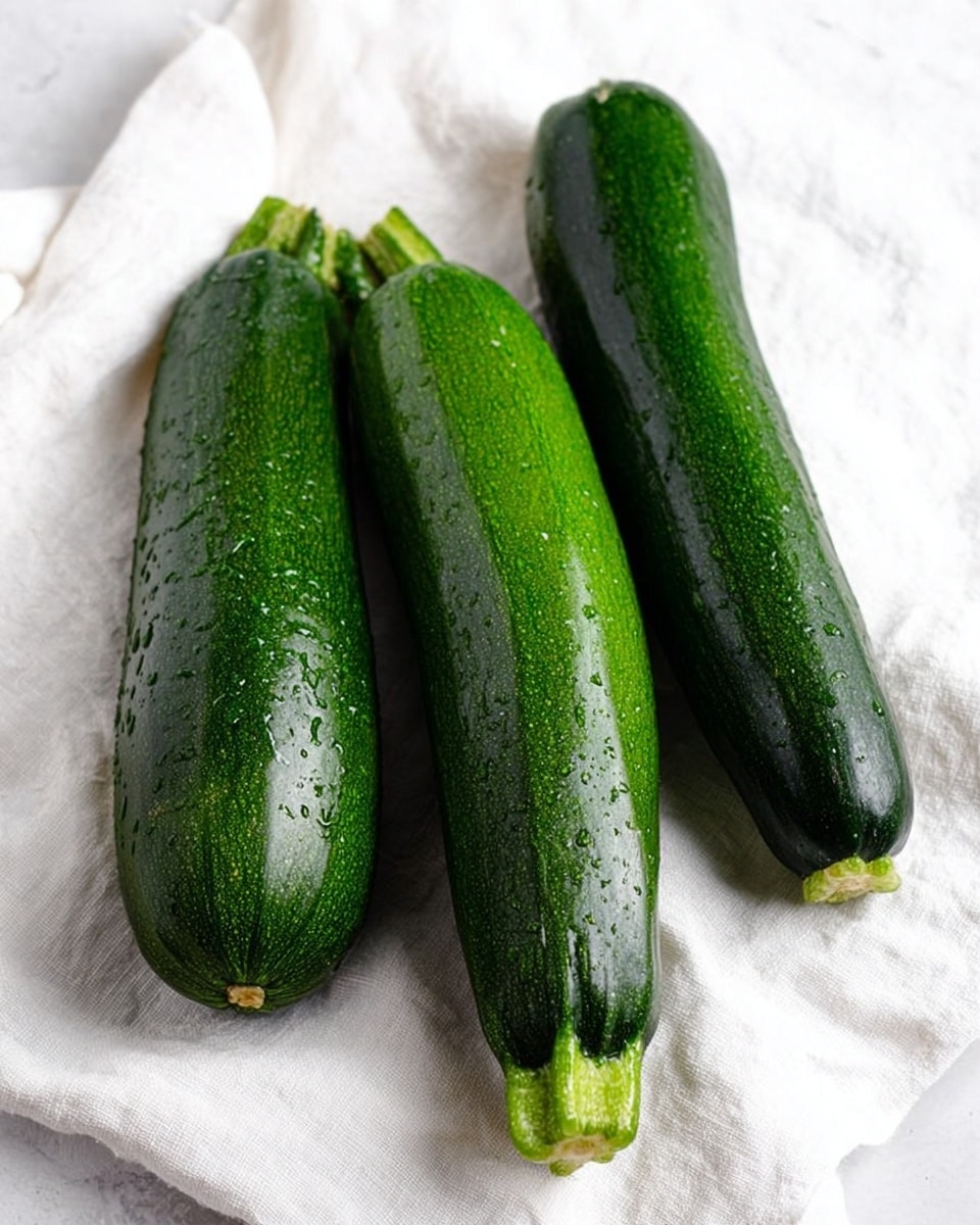 The image shows three whole zucchinis placed side by side on a wrinkled white cloth. Each zucchini has a shiny, smooth dark green skin with tiny water droplets visible on their surface. The zucchinis have different sizes and shapes but all are fresh and firm with a rough green stem on one end. The white cloth beneath them creates a soft, textured background, contrasting with the glossy texture of the zucchinis. The scene sits on a white marbled surface, giving a clean and simple look to the composition. photo taken with an iphone --ar 4:5 --v 7
