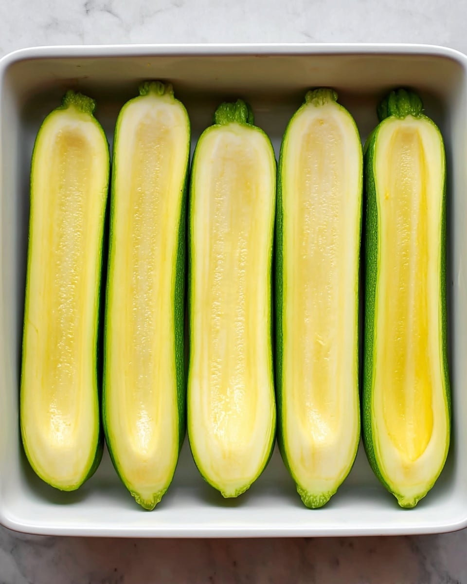 Six hollowed zucchini halves are neatly arranged side by side in a white rectangular baking dish, each showing a smooth, pale yellow inside surrounded by a vibrant green skin. The zucchini are evenly spaced, with the stem ends at the top of the dish. The background features a white marbled surface. photo taken with an iphone --ar 4:5 --v 7