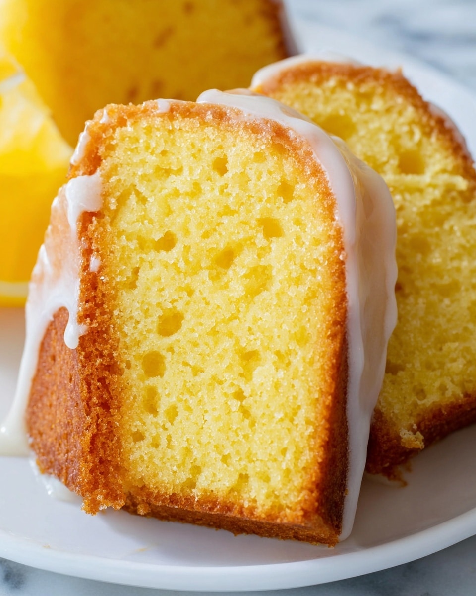 A close-up view of two slices of yellow pound cake with a smooth, shiny white glaze drizzled on top, showing a soft and moist texture inside with tiny air holes throughout. The cake slices sit on a white plate, which is placed on a white marbled surface. The outer edges of the cake are golden brown and slightly crispy, contrasting with the bright yellow of the inside. Photo taken with an iphone --ar 4:5 --v 7