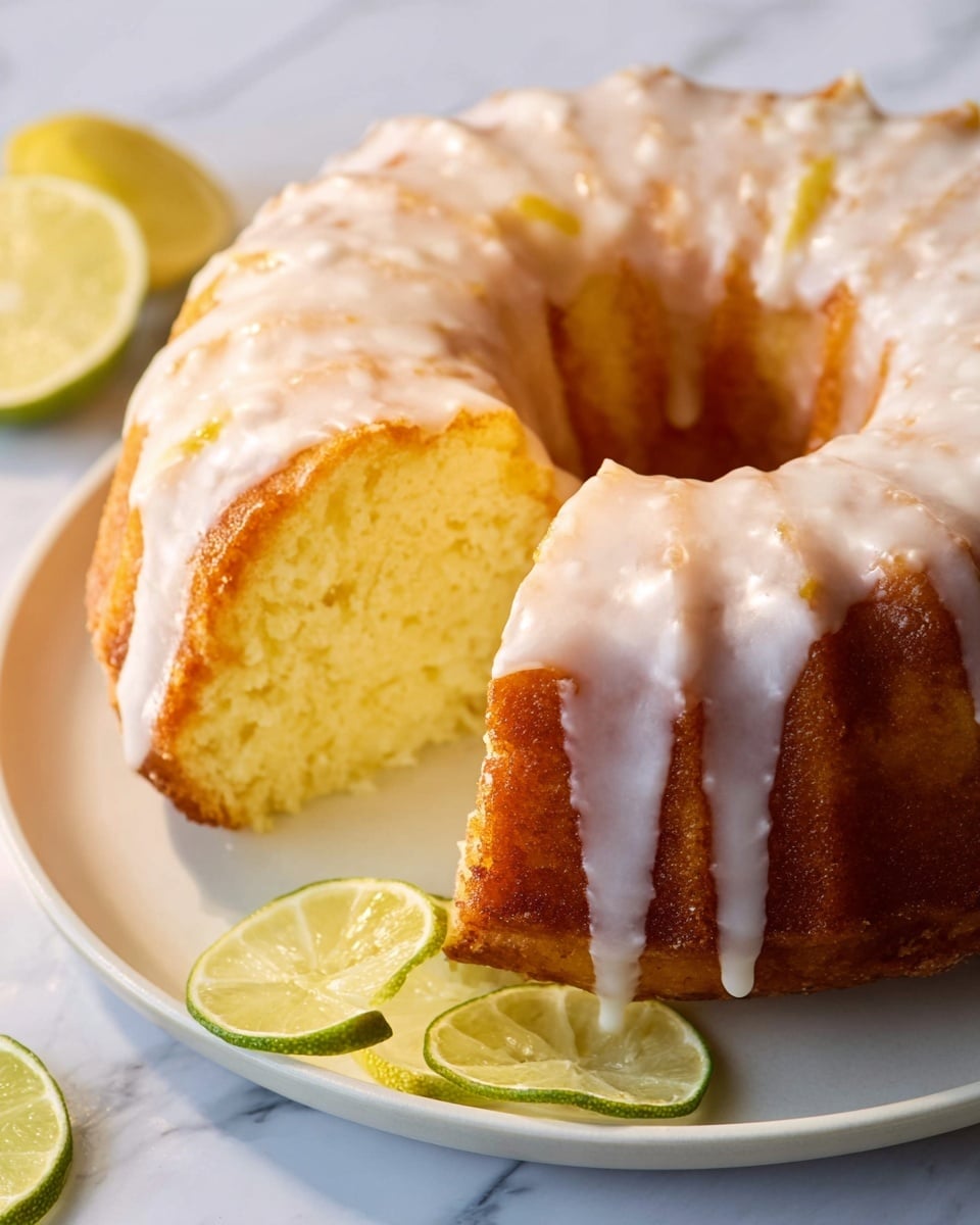 A sliced ring-shaped cake with a golden brown top layer sits on a white plate over a white marbled surface. The cake appears moist with a light yellow interior, and it is covered with a shiny, white icing drizzle that flows gently down the sides. The cake is thick and dense, and the icing adds a smooth texture contrast. Around the plate, there are halves of lime and lemon, adding a fresh and citrusy touch to the scene. photo taken with an iphone --ar 4:5 --v 7