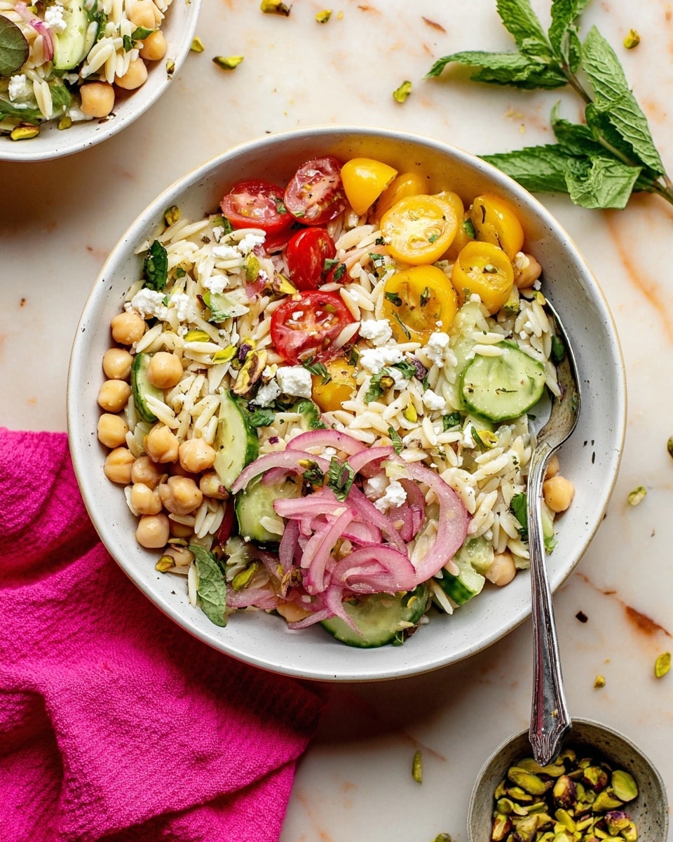 A white bowl filled with a layered orzo salad, showing a base of white orzo pasta mixed with light beige chickpeas. On top, there are vibrant sliced cherry tomatoes in red, yellow, and light green, along with fresh green cucumber pieces and pink pickled onion slices. Scattered white crumbles of feta cheese and light green herb sprigs add texture. There are small chopped pistachios sprinkled in the salad and visible on the table beside the bowl. The bowl sits on a white marbled surface with a silver fork placed inside the bowl on the right side. A few green herb leaves and a bright pink cloth are near the bowl. photo taken with an iphone --ar 4:5 --v 7