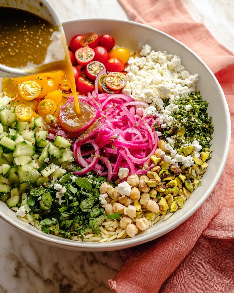 A large white bowl holds a colorful layered salad with seven distinct sections: yellow and red cherry tomato halves at the top left, white crumbled cheese next to it, bright pink pickled onions piled in the center, green chopped cucumbers in the bottom left, chopped green herbs such as mint and parsley to the right, and a small pile of pale chickpeas in the bottom right. There are small chopped pistachios clustered near the cucumbers and crumbled cheese. The base layer is orzo pasta spread evenly under the toppings. A small white bowl of sauce is being poured above the herbs, the sauce light brown with visible spices. The background is a white marbled surface with a soft pink cloth in the bottom right corner. Photo taken with an iphone --ar 4:5 --v 7