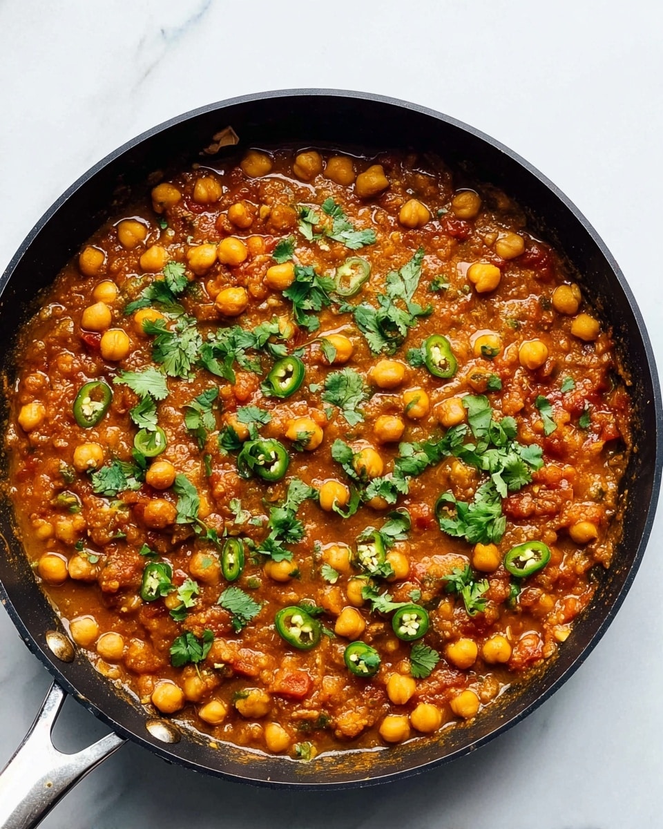 A black frying pan with a metal handle sits on a white marbled surface, filled with a thick chickpea stew. The dish has two main layers: a rich orange-brown sauce base with small chunks of soft tomatoes and spices, topped with whole golden chickpeas scattered evenly. Fresh green cilantro leaves and thin slices of green chili pepper are sprinkled on top, adding vibrant green color specks over the stew. The texture looks hearty and saucy with a slight shine. Photo taken with an iphone --ar 4:5 --v 7