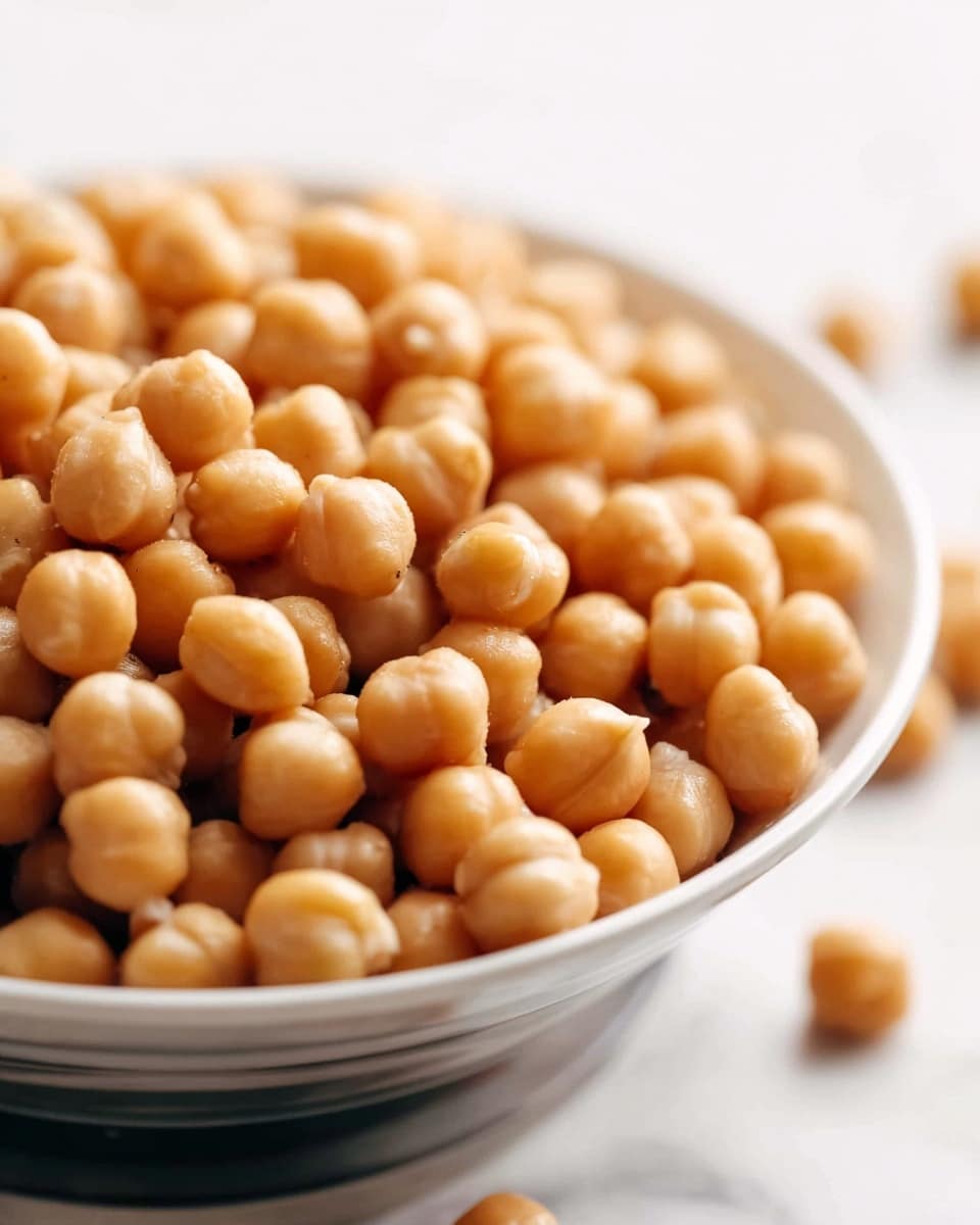 A close-up image of a white bowl full of cooked chickpeas. The chickpeas are light brown and round with a smooth texture, filling the bowl up to the rim. The focus is shallow, highlighting the chickpeas at the front while the background shows a soft blur of more chickpeas. The bowl is resting on a white marbled surface, creating a clean and bright setting. Photo taken with an iphone --ar 4:5 --v 7