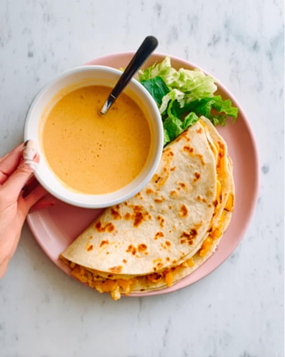 A white plate holds two soft tortillas, one slightly folded and the other flat, both showing light golden brown spots. Inside the tortillas, there are visible layers of orange cooked filling mixed with melted light yellow cheese and some green leafy herbs or lettuce on the side. Next to the plate, a white bowl filled with a creamy orange dipping sauce sits with a small metal spoon resting inside. The whole scene is placed on a white marbled surface, bright and clean. A woman's hand holds a small black utensil over the bowl. photo taken with an iphone --ar 4:5 --v 7