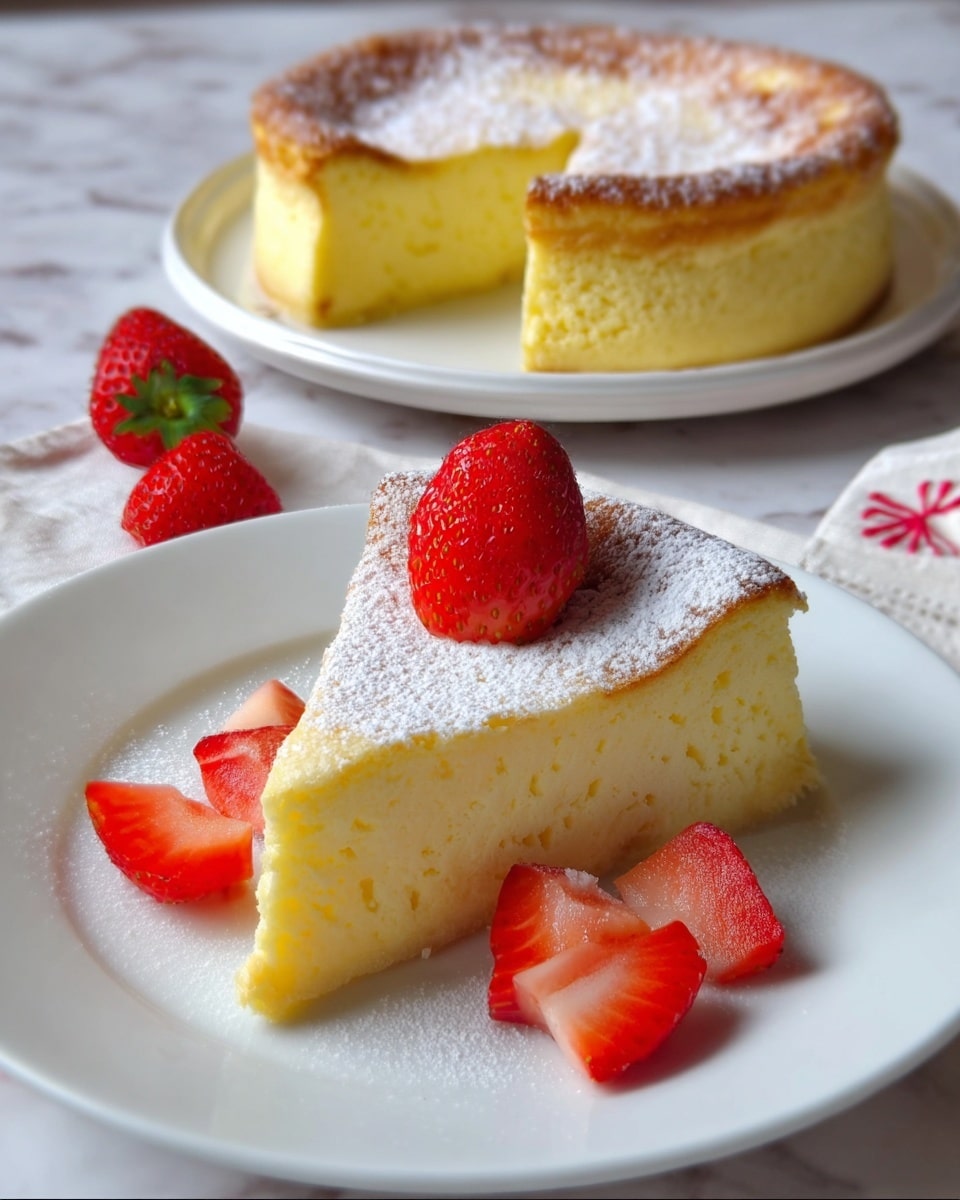 The image shows a slice of creamy yellow cheesecake dusted with powdered sugar on top, with one whole strawberry placed in the center of the slice. The cheesecake slice is on a white plate, and around the slice, there are small pieces of cut strawberries scattered. Behind this plate, a whole cheesecake with a light yellow color and powdered sugar on top is placed on another white plate. The background surface is a white marbled texture with a soft, diffused light highlighting the food. Photo taken with an iphone --ar 4:5 --v 7