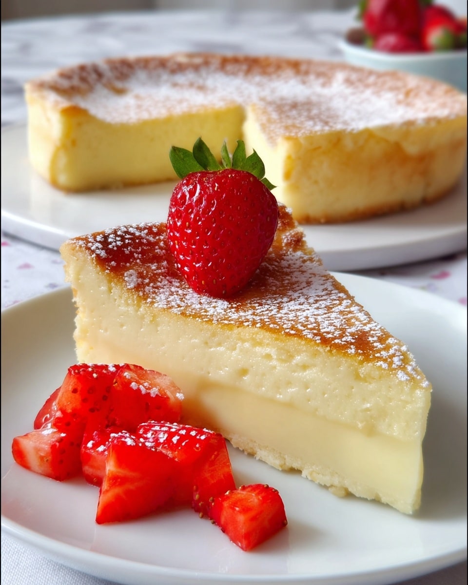 A slice of creamy custard tart sits on a white plate, showing two main layers: a smooth, pale yellow custard base with a slightly firm texture, topped by a golden brown, lightly crisp surface dusted with powdered sugar. On top, a fresh whole red strawberry with green leaves rests as decoration. Around the front of the slice, several pieces of bright red chopped strawberries add color contrast. In the background, the whole custard tart is visible on a white plate, with the custard's creamy yellow color and powdered sugar clearly seen on its surface, all placed on a white marbled surface. Photo taken with an iphone --ar 4:5 --v 7