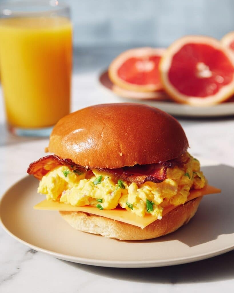 Knockoff EggSlut Sandwich with Cheesy Scallion Eggs, Crispy Bacon, and Sriracha Mayo Recipe