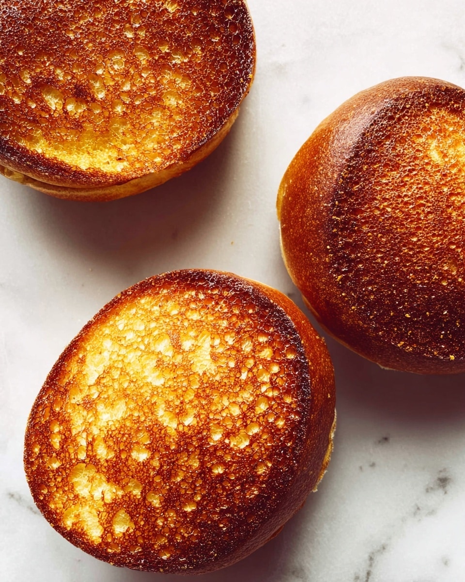 Three toasted burger buns are shown from above, each split open to reveal the crisp, golden-brown inside. The toasting is even with a slightly darker, crunchy edge surrounding a textured surface with small holes in the bread. The buns are placed on a white marbled surface, giving a clean and fresh look. The warm golden color of the toast contrasts nicely with the smooth white marble below. photo taken with an iphone --ar 4:5 --v 7