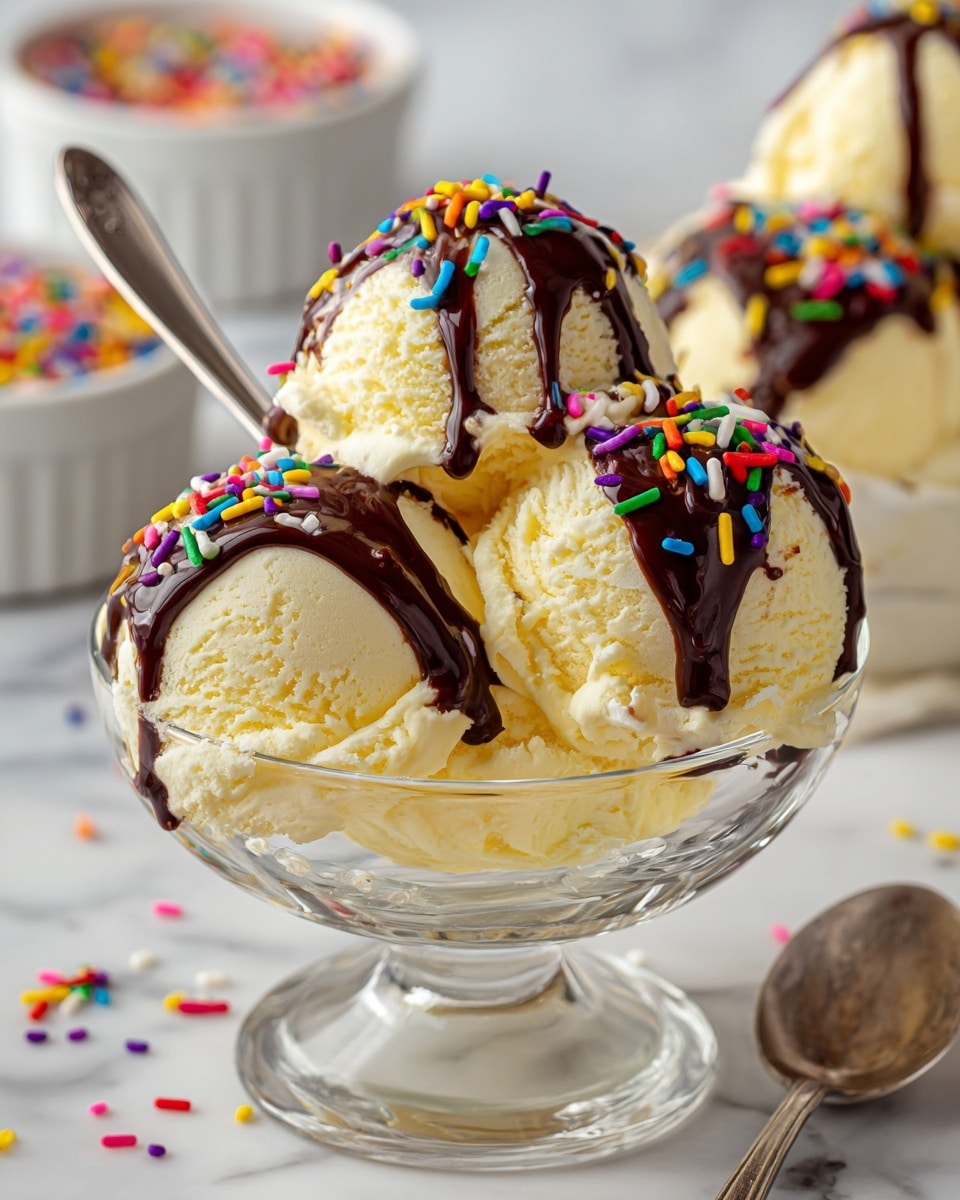 A clear glass dessert dish holds two scoops of pale yellow vanilla ice cream, positioned side by side with a smooth texture. Rich dark chocolate sauce is poured from above, flowing down over the top of the ice cream and pooling slightly at the base inside the dish, forming shiny dark layers contrasted against the light ice cream. The dish sits on a white marbled surface, creating a clean and simple background that highlights the dessert. Photo taken with an iphone --ar 4:5 --v 7