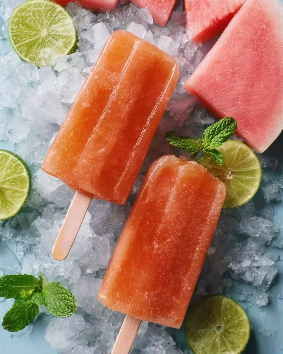 Two orange popsicles with wooden sticks are placed on crushed ice. Around them are slices of pink watermelon and green lime, along with fresh green mint leaves scattered for decoration. The colors are bright and fresh, with a cool, icy texture beneath the popsicles. photo taken with an iphone --ar 4:5 --v 7