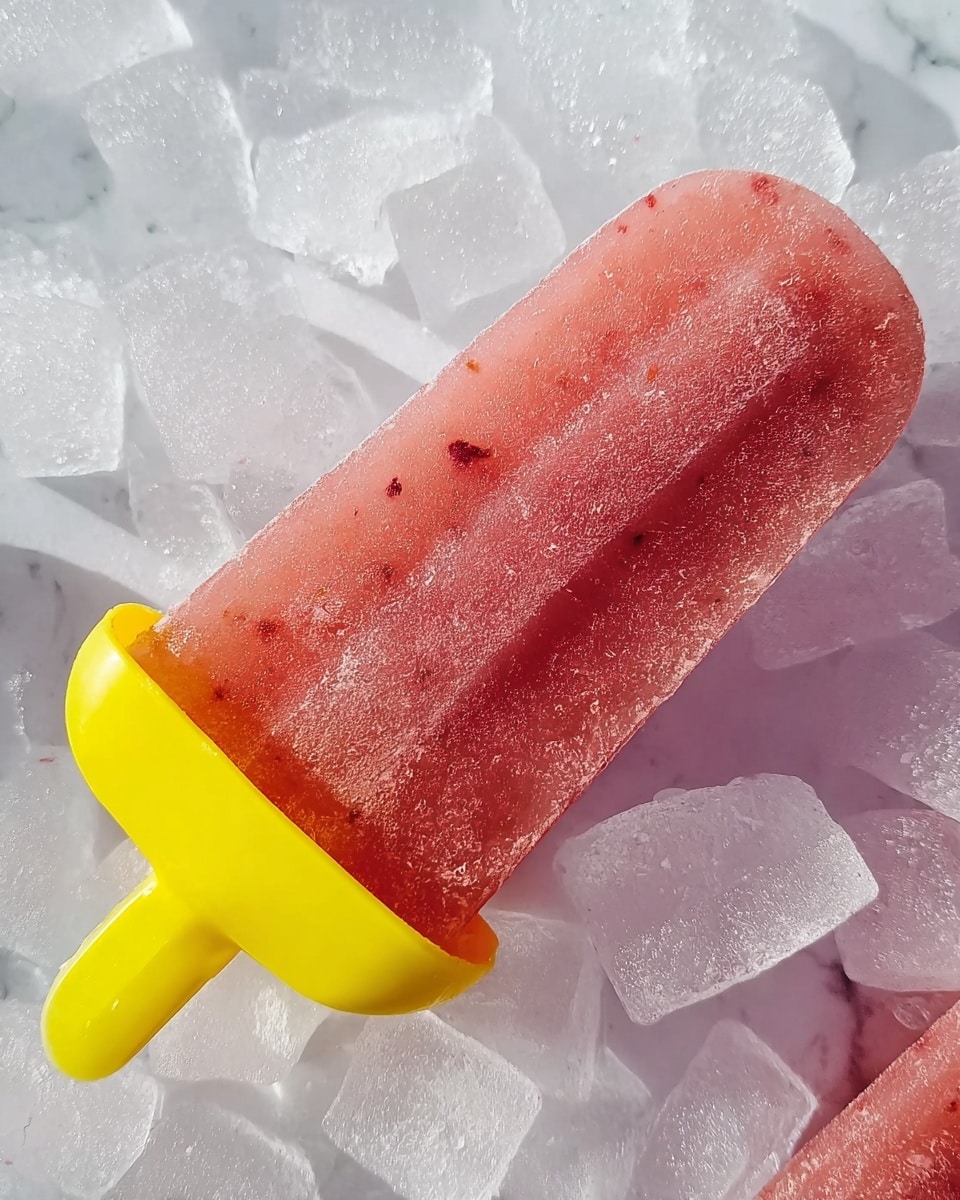 A close-up image shows a single icy popsicle resting on a bed of clear ice cubes with a white marbled texture underneath. The popsicle is mostly pinkish-red with hints of small darker spots and a somewhat frosty texture on its surface. It has a bright yellow plastic stick with a rounded handle, slightly translucent, sticking out from the bottom. The popsicle’s top edge reveals slight melting and uneven texture, highlighting the frozen nature of the treat. The lighting brings out the frost and the cold feel of the ice and popsicle. photo taken with an iphone --ar 4:5 --v 7