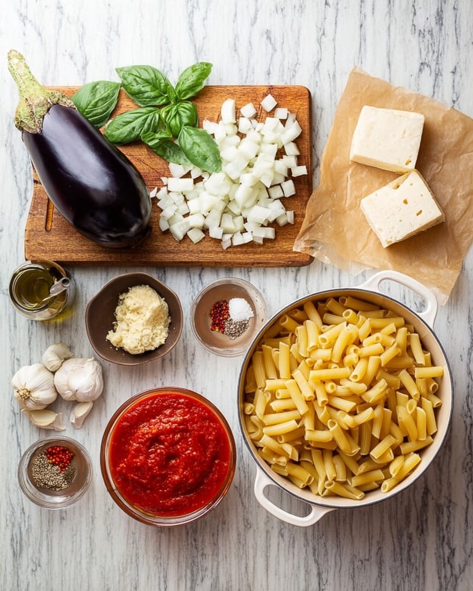 The image shows ingredients for a pasta dish arranged neatly on a white marbled surface. At the top left, a wooden cutting board holds a whole eggplant, diced eggplant pieces, chopped white onions, and fresh green basil leaves. Below the cutting board, a small brown bowl contains minced garlic, next to it a small white dish with salt, pepper, and red chili flakes, and a clear glass bottle of oil. In the center, a clear glass bowl is filled with bright red tomato sauce. To the right, a white cooking pot is filled with cooked yellow pasta tubes. Above the pot, a piece of white cheese and some grated cheese sit on a piece of brown parchment paper. Photo taken with an iphone --ar 4:5 --v 7