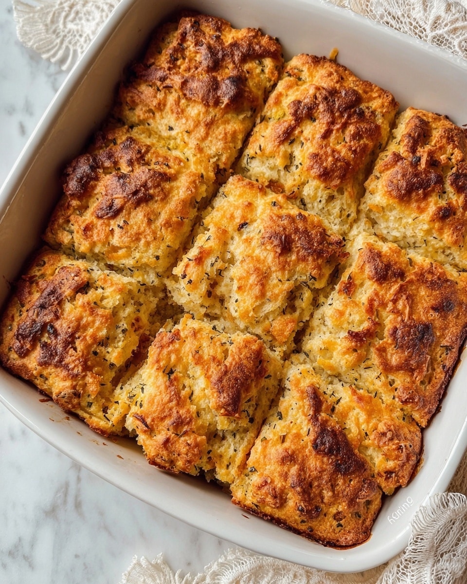 The image shows a baking dish filled with a golden-brown baked casserole that is cut into nine square pieces. The top layer is a crispy, slightly rough texture with darker golden spots where it has browned more. Beneath the browned crust are lighter, softer baked layers with small bits of herbs or spices visible throughout. The dish is in a white ceramic baking pan sitting on a white marbled surface with lace fabric partially visible on the side. photo taken with an iphone --ar 4:5 --v 7