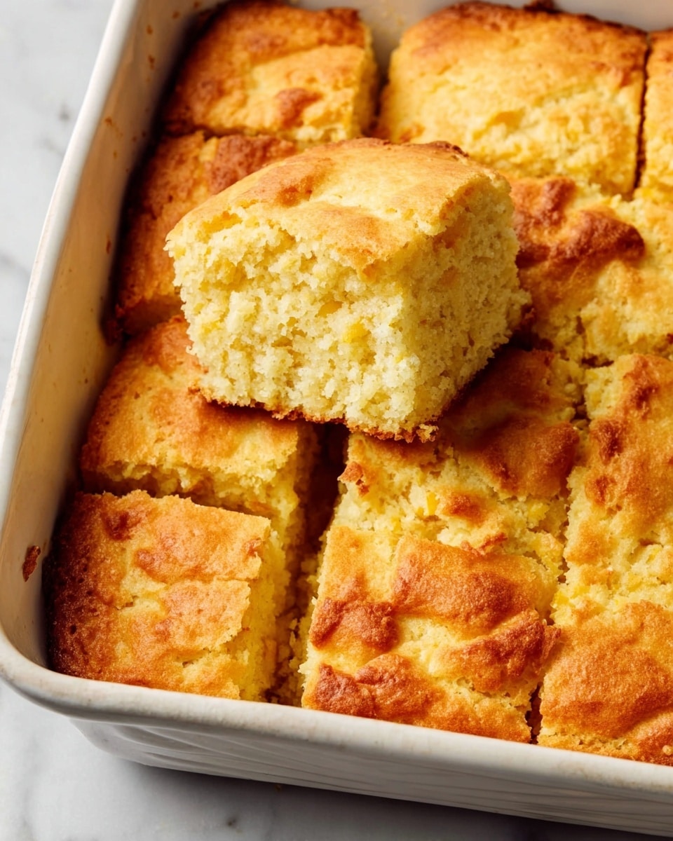 The image shows a white baking dish filled with golden brown cornbread cut into square pieces. One piece is lifted slightly above the others, showing a soft, fluffy inside with a light yellow color. The top crust of the cornbread looks crispy and uneven with a few darker golden spots. The dish rests on a white marbled surface. Photo taken with an iphone --ar 4:5 --v 7