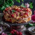Caramelized Rhubarb Cake with Homemade Custard Sauce & Brown Sugar Crumble Topping