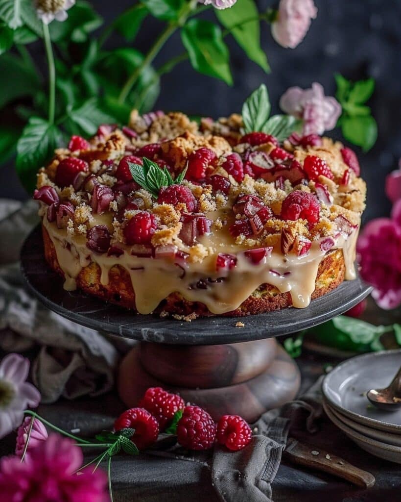 Caramelized Rhubarb Cake with Homemade Custard Sauce & Brown Sugar Crumble Topping