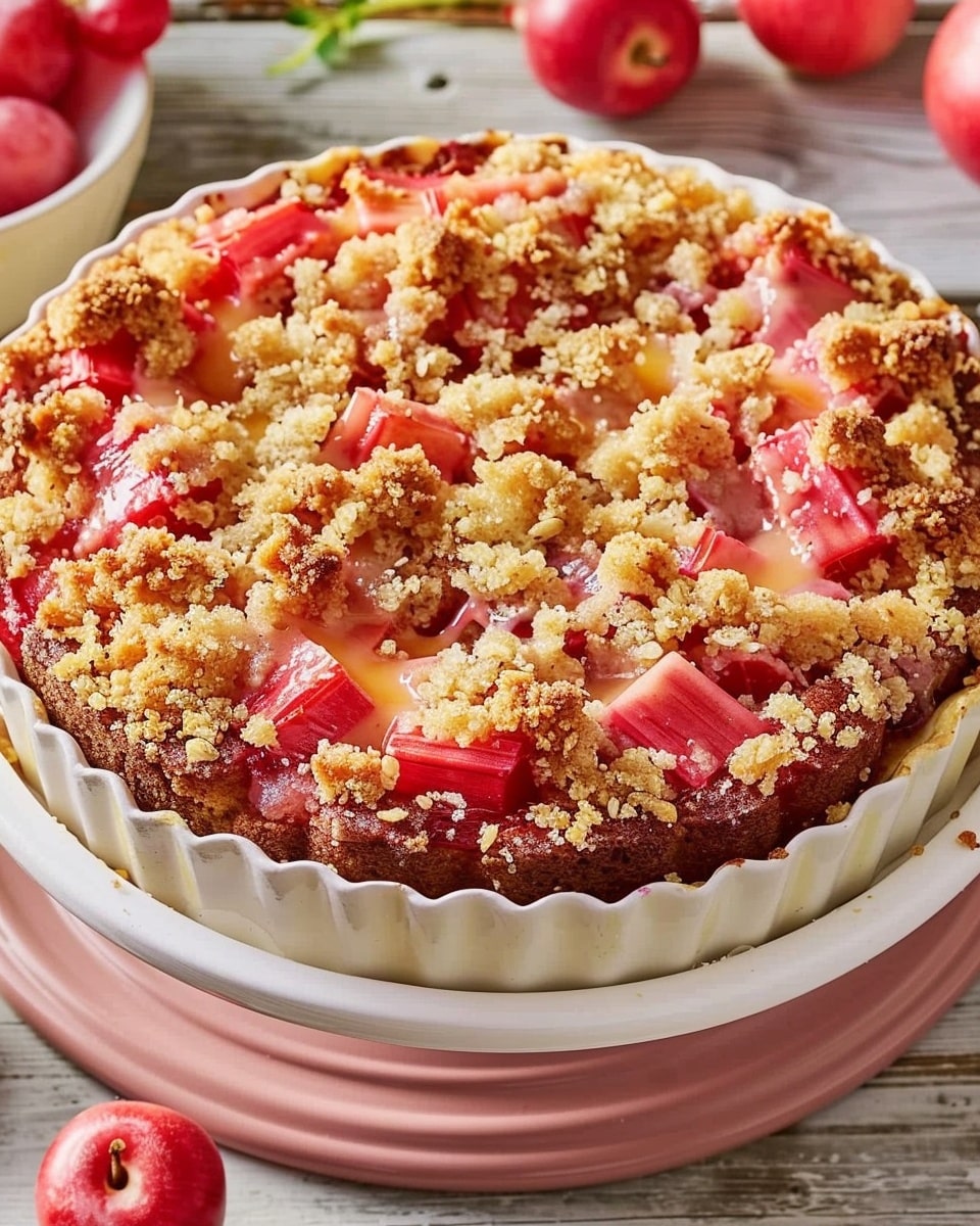Caramelized Rhubarb Cake with Homemade Custard Sauce & Brown Sugar Crumble Topping