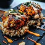 Crispy Sweet Potato & Rice Stacks with Sriracha Honey Mayo