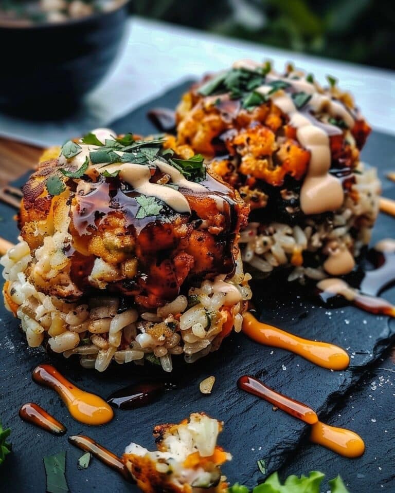 Crispy Sweet Potato & Rice Stacks with Sriracha Honey Mayo