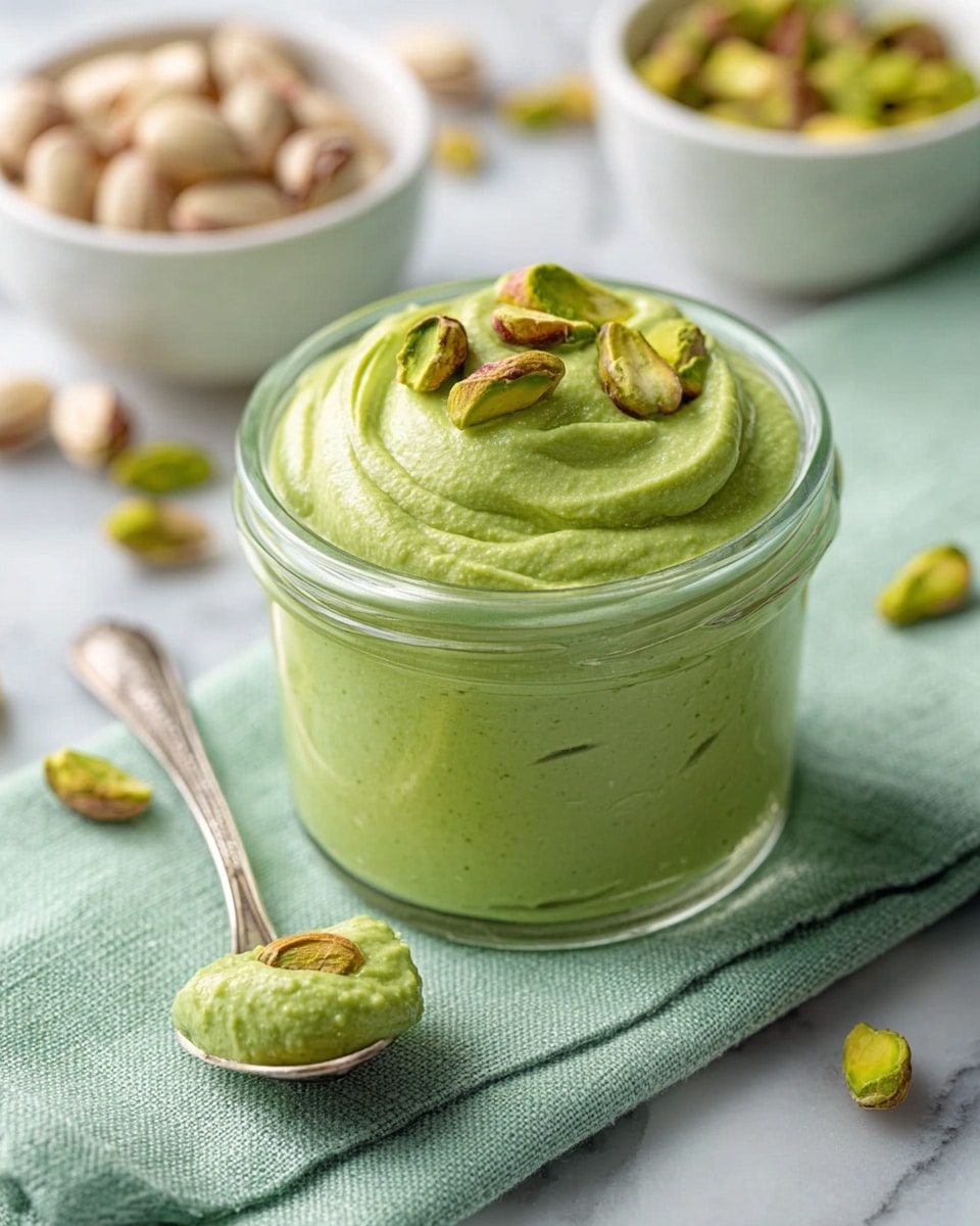 The image shows three clear glass cups filled with a smooth, pale green dessert or drink. Each cup is topped with a thick layer of crushed nuts in light brown and green colors, adding rough texture on top. The cups are placed on a white marbled surface with two silver spoons nearby. The pale green layer looks creamy and thick, filling most of the cups with the nut topping resting flat on the surface. Photo taken with an iphone --ar 4:5 --v 7