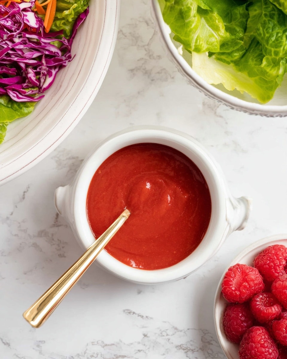A small white bowl filled with smooth, thick red sauce sits on a white marbled surface, with a gold-colored spoon resting inside the sauce. To the upper left, part of a white bowl with fresh green lettuce and a few pieces of shredded purple cabbage is visible. To the upper right, a white bowl holds several bright red raspberries. The scene feels fresh and colorful with a clean, white marbled background. photo taken with an iphone --ar 4:5 --v 7