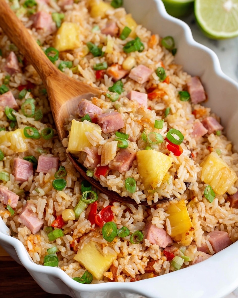 A white square dish filled with mixed rice, showing light brown grains as the base layer. Scattered throughout are small cubes of pink ham, yellow pineapple pieces, bright red bell pepper chunks, and thin slices of green onion on top. A wooden spoon rests inside the dish, lifting a portion of the rice mix. The dish sits on a white marbled textured surface with a slice of lime placed nearby. photo taken with an iphone --ar 4:5 --v 7