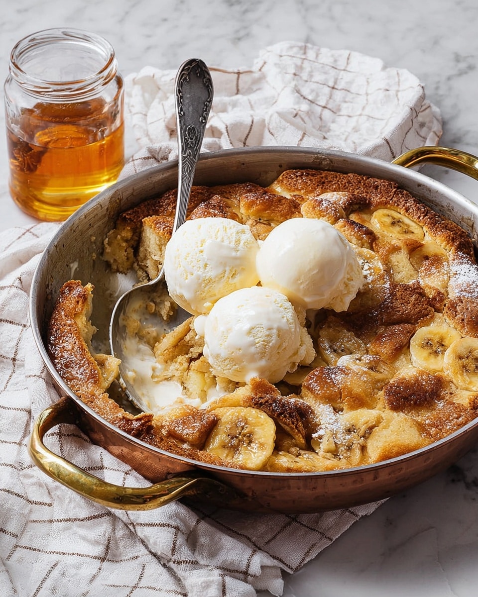 A rustic dessert baked in a round copper pan with two brass handles, showing a golden-brown crust with uneven, puffed-up layers mixed with soft browned banana slices. On top, there are three round scoops of smooth white vanilla ice cream melting slightly onto the warm dessert below. A large spoon rests inside the pan, scooping into the soft layers, while a glass jar filled with amber syrup sits in the background on a white marbled surface partially covered by a white and light grey checkered cloth photo taken with an iphone --ar 4:5 --v 7