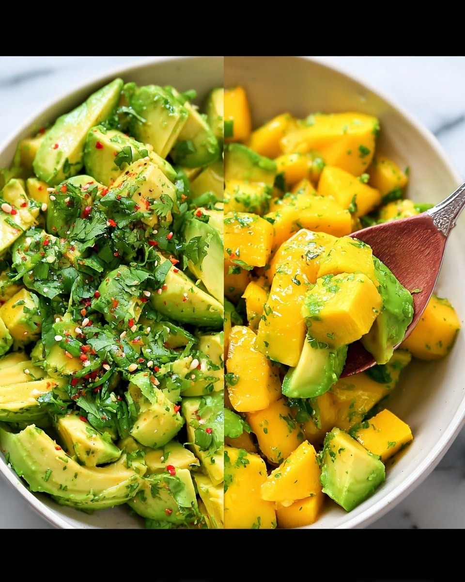 The image shows a close-up of a white bowl filled with diced avocado and mango chunks. The avocado pieces are bright green with smooth, creamy texture and the mango pieces are yellow-orange, juicy and soft. On top, there is a sprinkle of finely chopped cilantro and a small amount of red chili flakes adding a touch of red color. A woman's hand is holding a silver fork, lifting a mix of avocado and mango pieces. The background is a white marbled texture. photo taken with an iphone --ar 4:5 --v 7