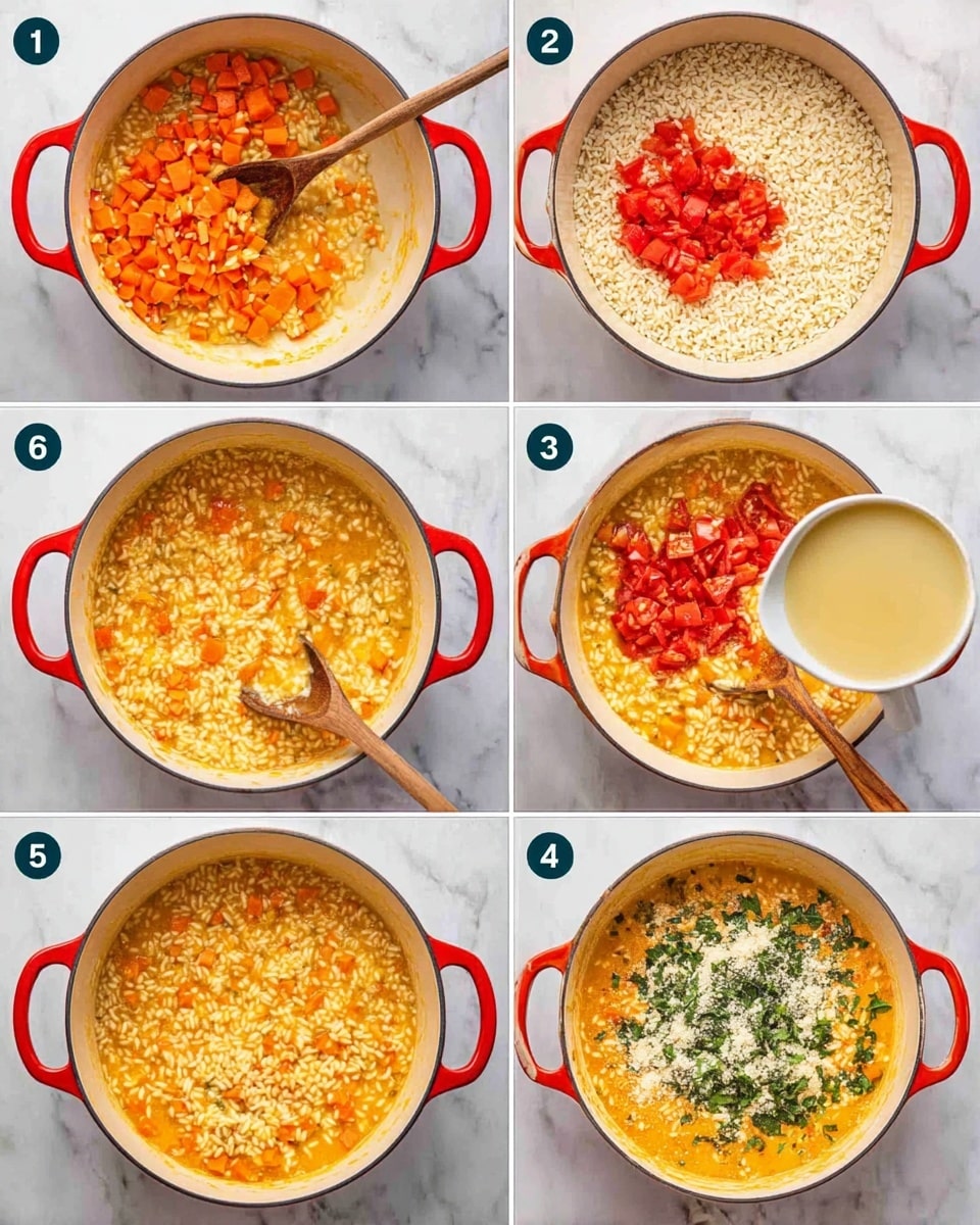 A white pan filled with creamy yellow-orange risotto mixed with small bits of green spinach leaves spread evenly throughout the risotto. On the top middle part of the risotto, there are halved small bright red tomatoes scattered in a loose cluster, with a sprinkle of white grated cheese. A wooden spoon is partially dipped into the risotto near the right side of the pan. The pan is on a white marbled surface with a blue and white striped cloth partially visible at the bottom right corner. photo taken with an iphone --ar 4:5 --v 7