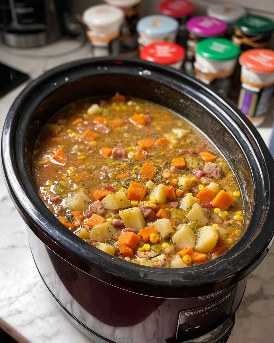 A close-up view of a dark slow cooker filled with a thick stew made of chunky pieces of orange carrot, yellow corn, white potato, small bits of pink meat, and green herbs floating in a light brown broth. The stew's surface appears slightly oily and textured with visible ingredients spread evenly across the top layer. The slow cooker is sitting on a white marbled countertop with colorful coffee pods and kitchen items blurred in the background. Photo taken with an iphone --ar 4:5 --v 7