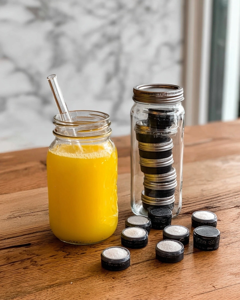 The image shows a close-up of a woman's hand holding a small clear container filled with a white granular powder that has some tiny black dots mixed in. In the background, there is a glass jar with a yellowish solid inside, sitting on a wooden surface. The focus is on the container held by the woman's hand with clear detail on the texture of the powder. photo taken with an iphone --ar 4:5 --v 7