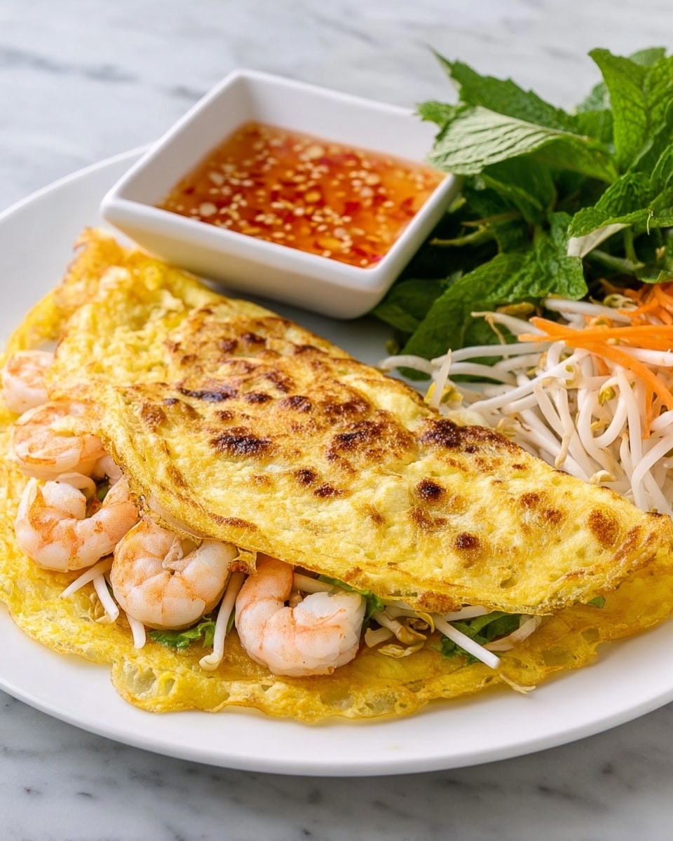 The image shows a folded yellow crispy crepe with spots of brown from cooking, placed on a white plate on a white marbled surface. Inside the crepe are several white and pink shrimp, along with white bean sprouts and small pale yellow pieces of lentils or split peas. Behind the crepe, there is a small white square dish filled with a reddish-orange dipping sauce that has visible seeds and bits. Next to the dish, there are fresh green leaves of herbs and a small pile of pickled shredded white and orange vegetables. The photo taken with an iphone --ar 4:5 --v 7