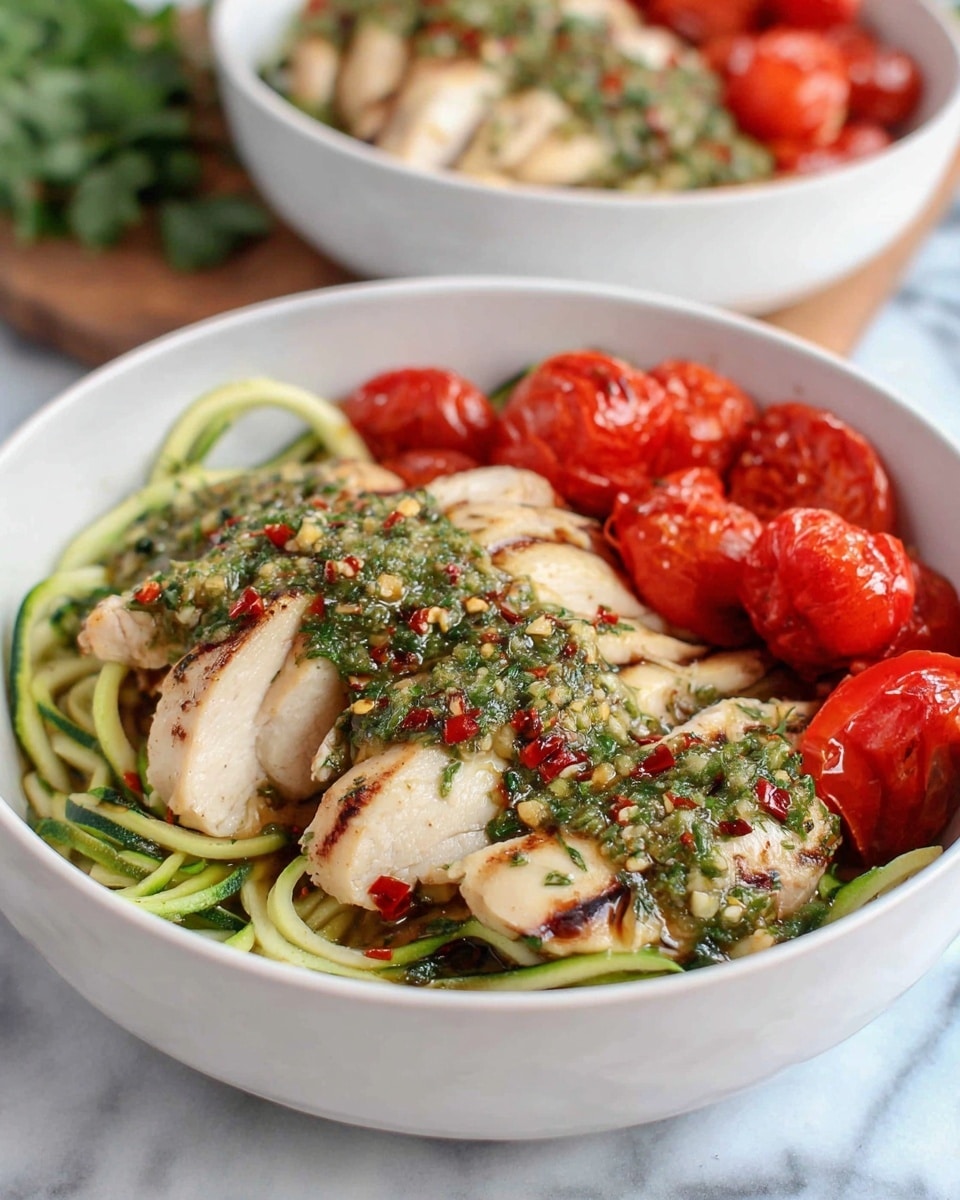 The dish is served in a white bowl on a white marbled surface. The bottom layer consists of spiralized green zucchini noodles, thin and slightly twisted. On top of the noodles, there are several slices of grilled chicken arranged neatly in a row, with a golden color and grill marks. The chicken is covered with a green herb sauce that has small bits of herbs and red chili flakes spread evenly. To the right side of the chicken, there are whole, roasted red cherry tomatoes, some with slight wrinkling from roasting, adding a shiny bright red contrast. A second bowl with a similar dish is blurred in the background. Photo taken with an iphone --ar 4:5 --v 7
